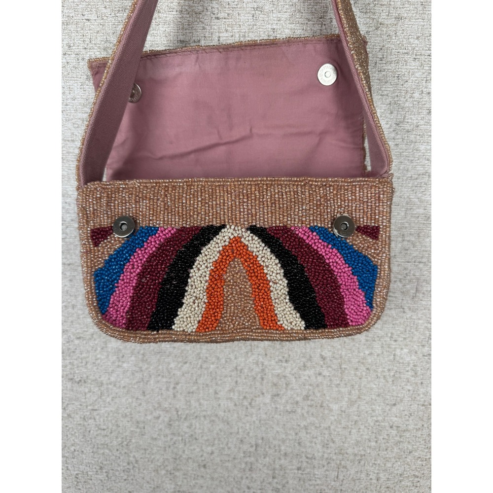 America & Beyond Soho Tan Tufted Beaded Shoulder Bag Multicolor Rainbow NWOT - Picture 4 of 13